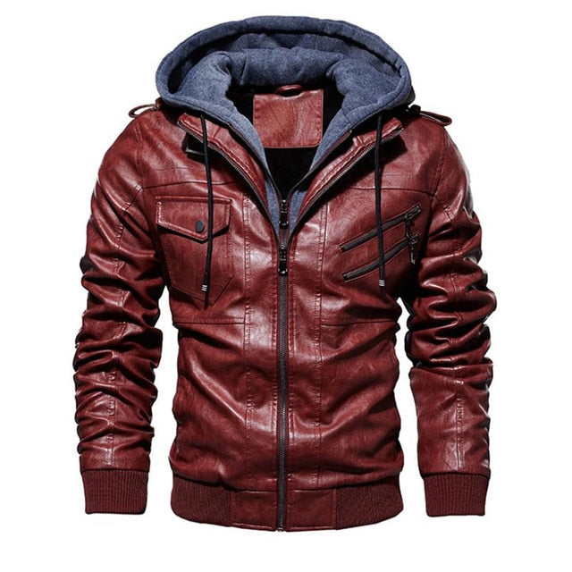 PU Leather Solid Color Zipper Closure Hoodie