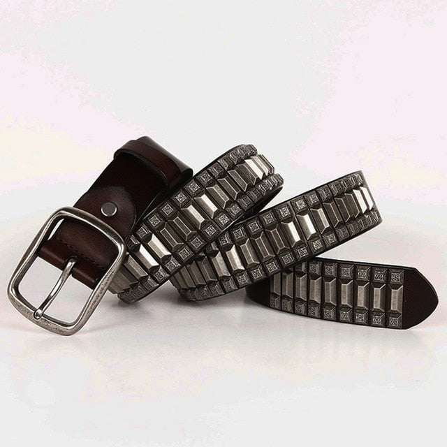 Geometric Metal Studded Genuine Leather Belt