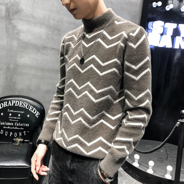 High Neck Stroke Stripe Casual Style Men Sweater