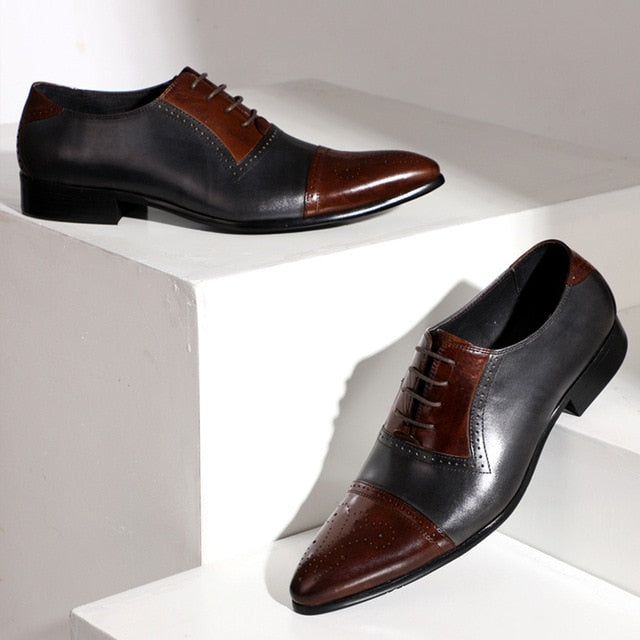 Genuine Leather Double Colours Perforated Pointed Toe Style Men Shoes