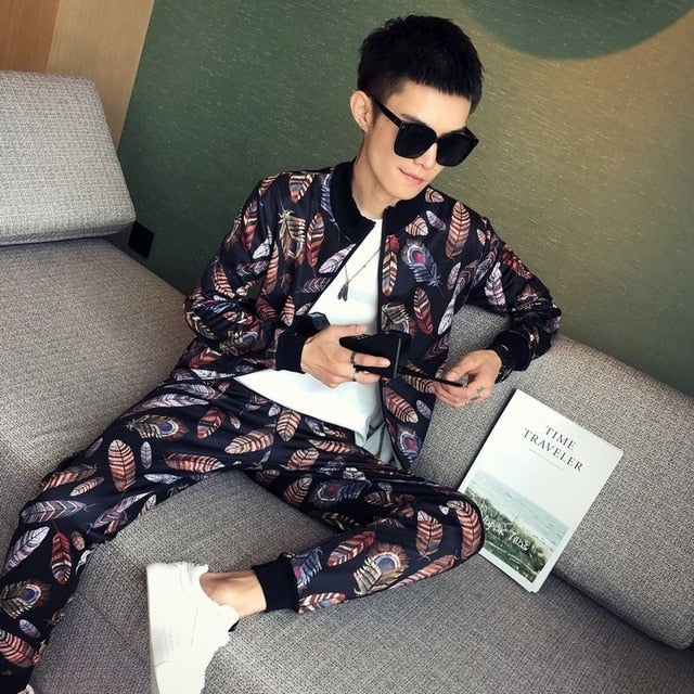 Korean Feather Mandarin Pattern Jacket + Pant Sets