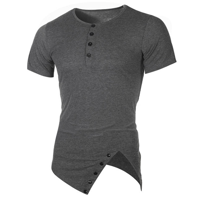 Asymmetric Cut Hem Men Buttoned Neckline T-Shirt