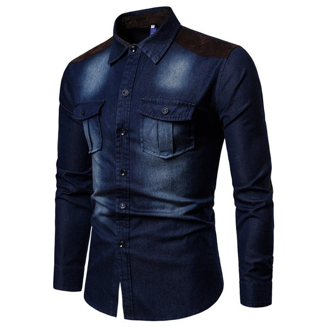 Lined Shoulder Long-Sleeved Denim Shirt