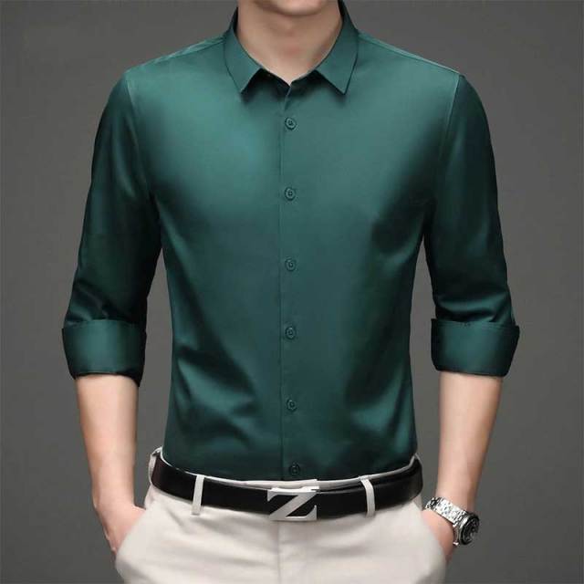 Solid Polyester Turn-Down Collar Men's Shirt