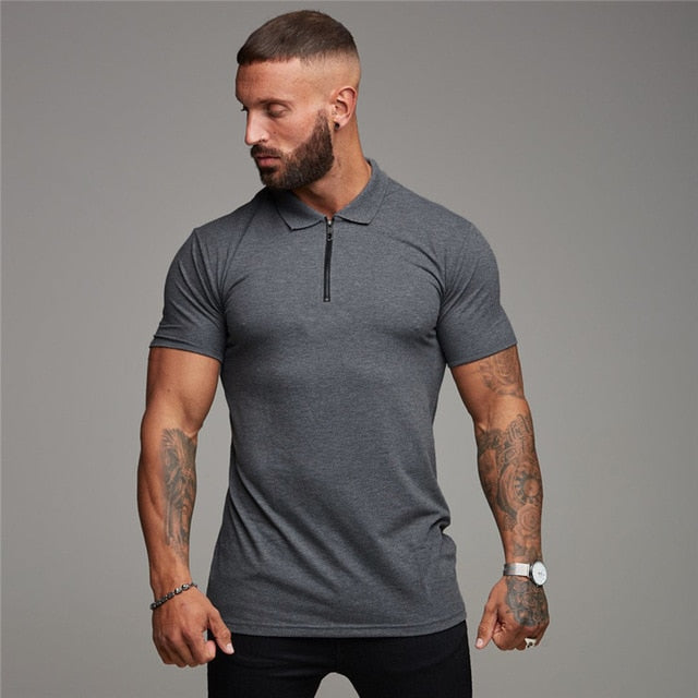 Solid Color Zippered Collar Men Polo Shirt