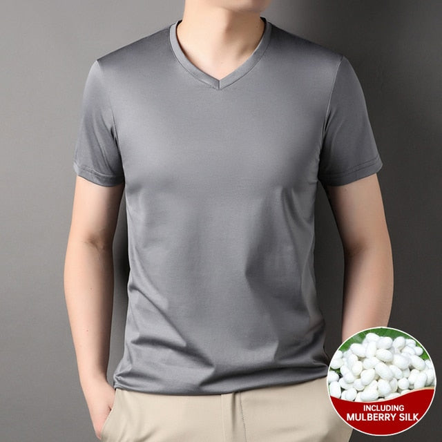 Mulberry Silk Solid V-Neck Smooth T-Shirt