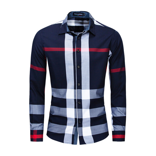 Casual Vertical Plaid Men Slim Fit Shirt