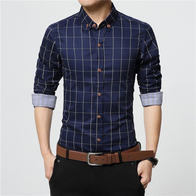 Solid Plaid Long-Sleeved Cotton Shirts