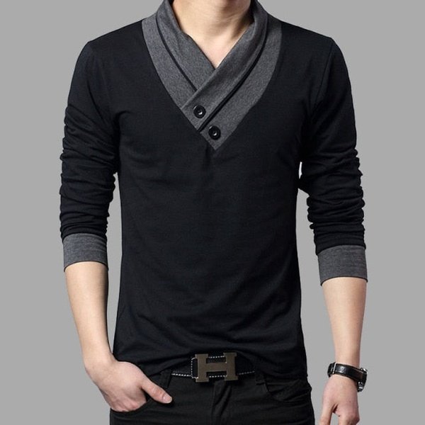 Patchwork V Neck Slim Fit Long Sleeve T-Shirt