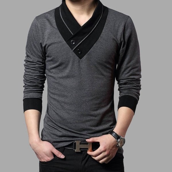 Patchwork V Neck Slim Fit Long Sleeve T-Shirt