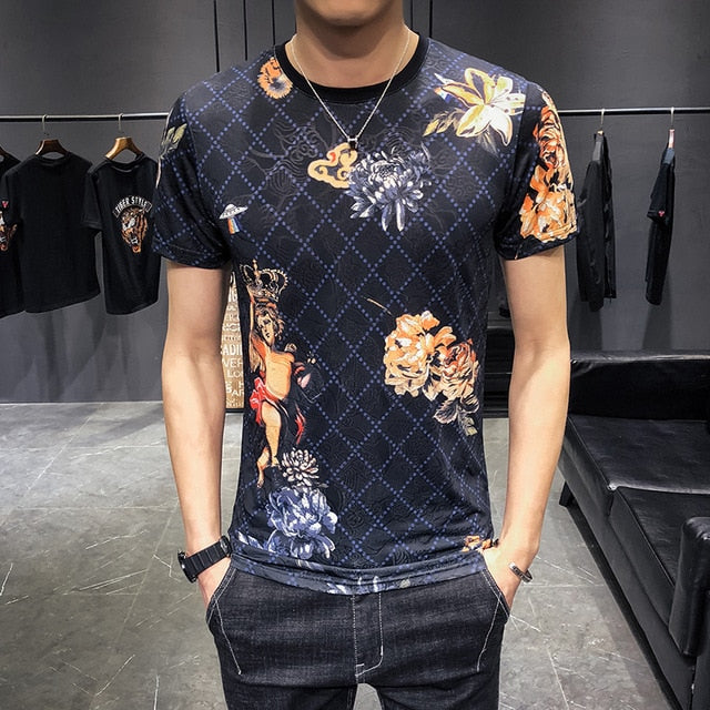 Floral Diamond Plaid Printed Round Neck Design Men T-Shirt