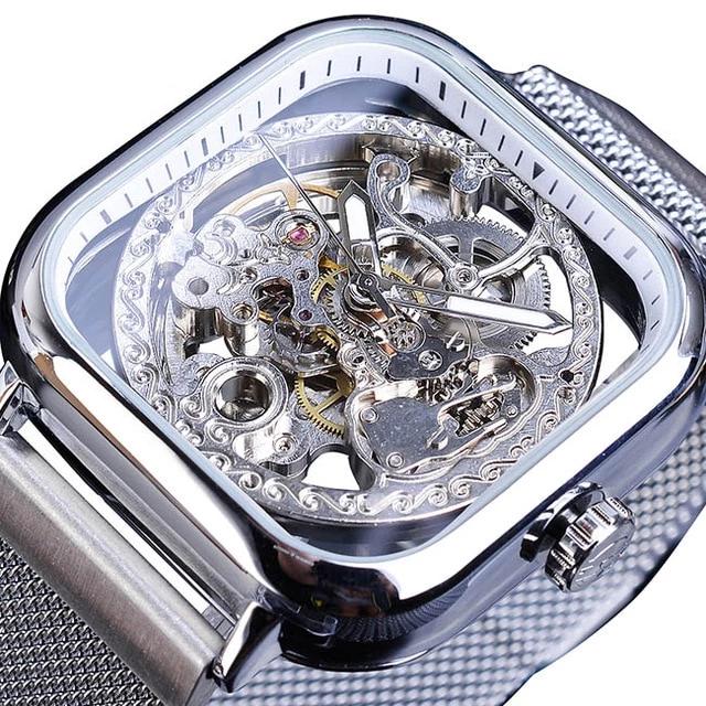 Transparent Skeleton Glass Mechanical Automatic Self Wind Men Watches