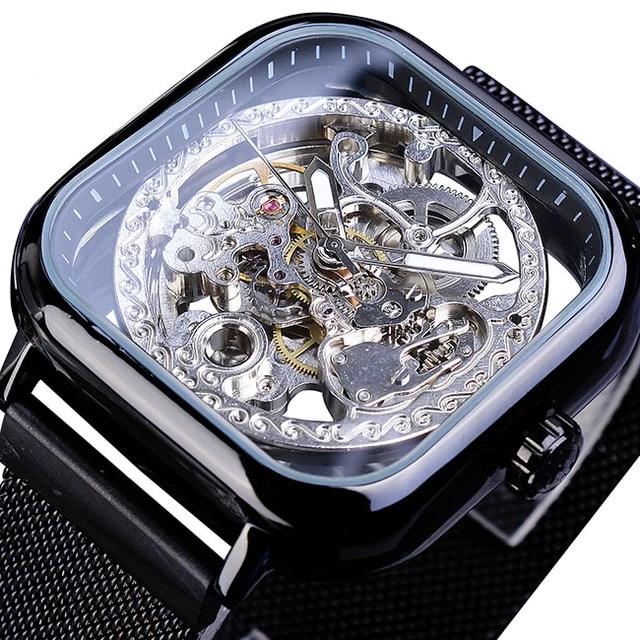 Transparent Skeleton Glass Mechanical Automatic Self Wind Men Watches