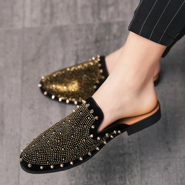 Rivet Rhinestone Decoration Black Mules Shoes