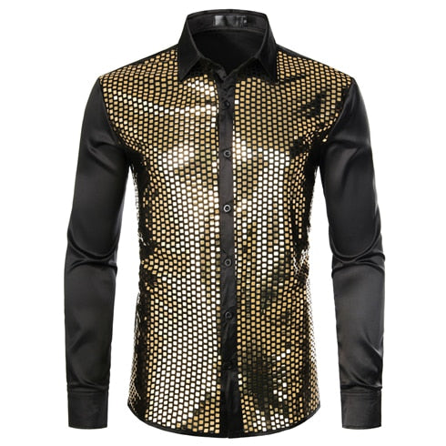 Shiny Gold Sequin Black Silk Men Dress Shirt