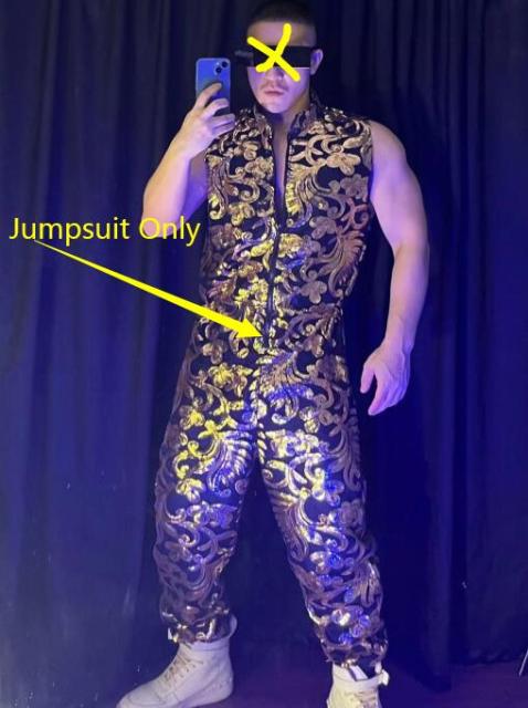 Gold Sequin Vintage Embroidery Sleeveless Jumpsuit