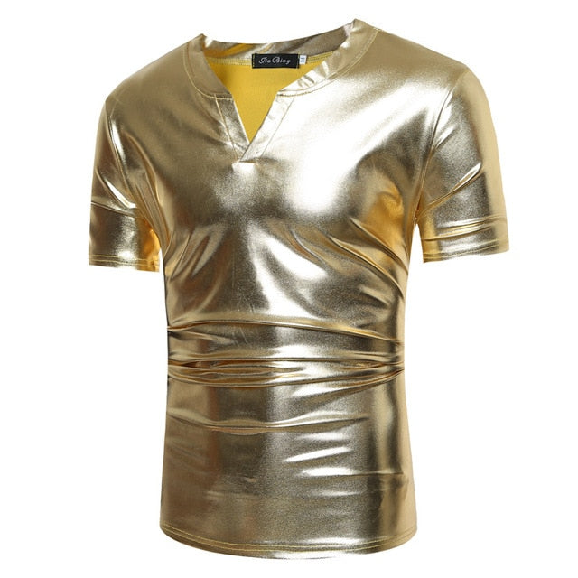 Shiny Coated Metallic V-Neck Casual Style Men T-Shirt