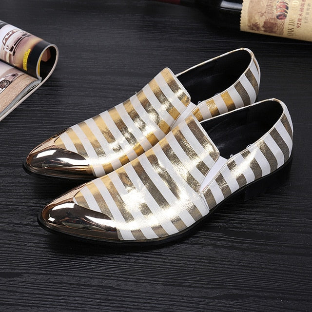 Metal Pointed Toe Gold Stripes Leather Men Shoes