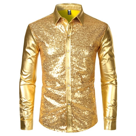 Silver Metallic Sequins Glitter Disco Men Shirt