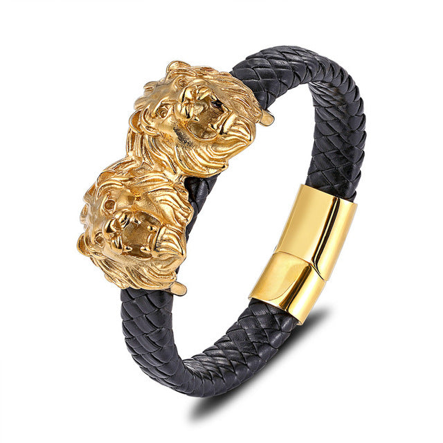 Gold Lion Punk Stainless Steel with Leather Rope Design Men Bracelet