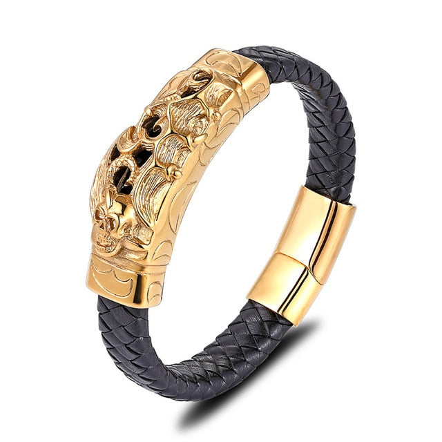 Gold Lion Punk Stainless Steel with Leather Rope Design Men Bracelet