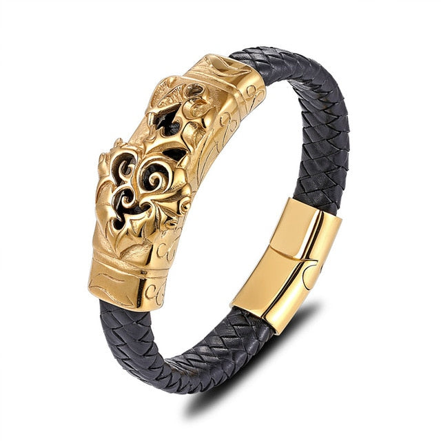 Gold Lion Punk Stainless Steel with Leather Rope Design Men Bracelet