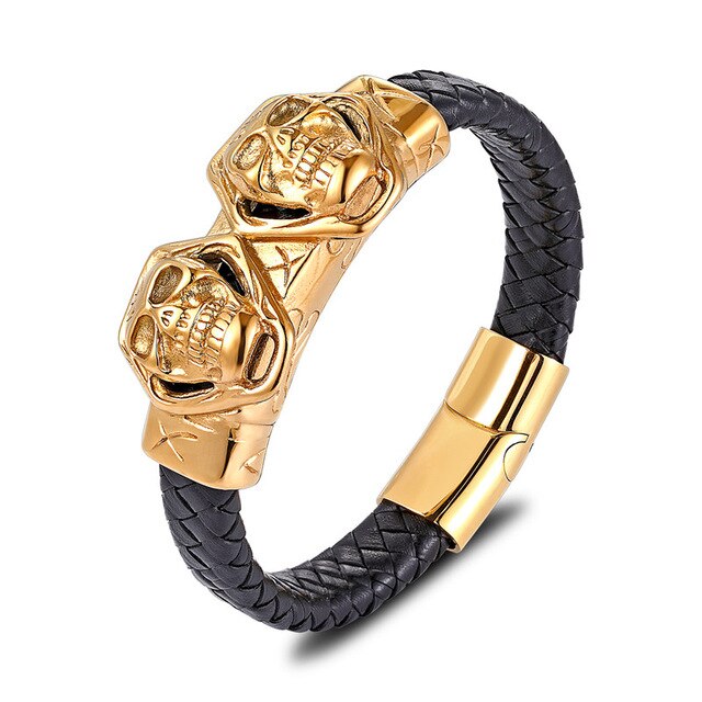 Gold Lion Punk Stainless Steel with Leather Rope Design Men Bracelet