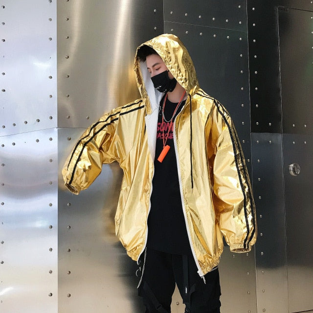 Golden Silver Casual Loose Streetwear Hip Hop Hooded Men Jacket