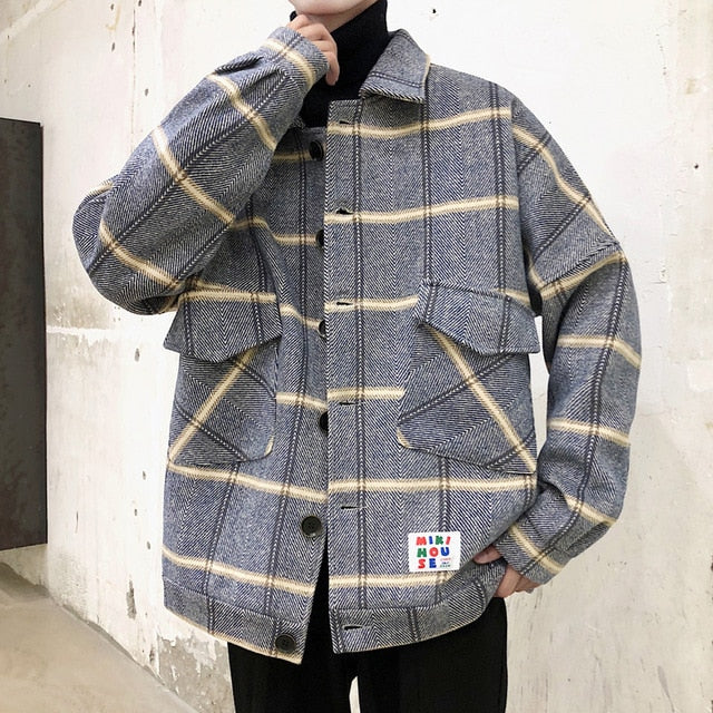 Men Plaid Combination Oversized Jacket with Pockets