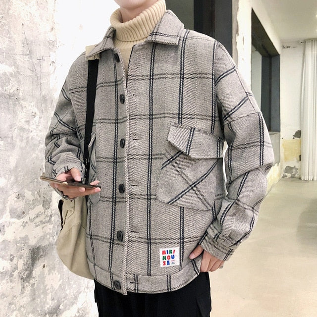 Men Plaid Combination Oversized Jacket with Pockets
