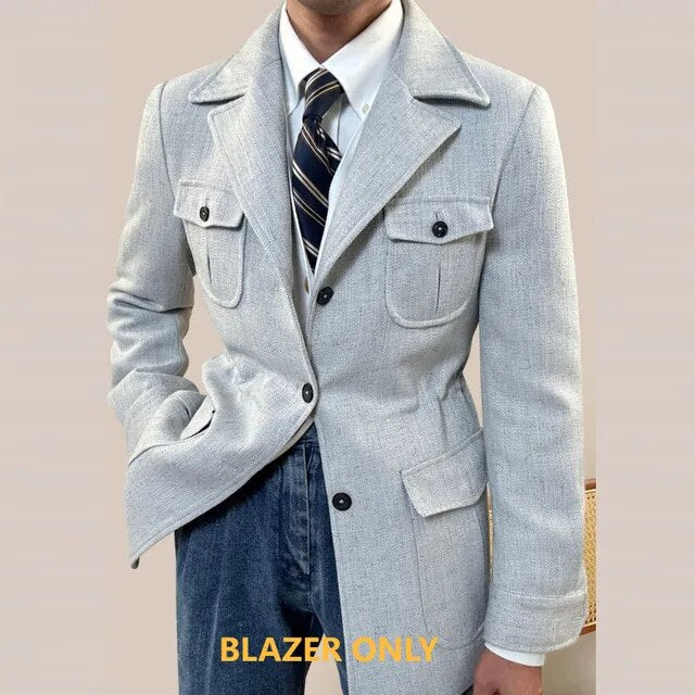 Solid 4 Pockets Single Breasted Blazer