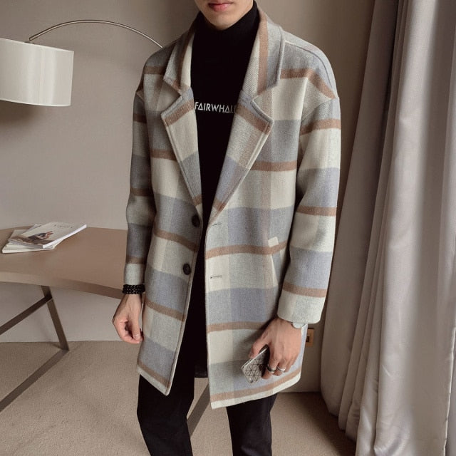 Black Grey Plaid Pattern Long Coat
