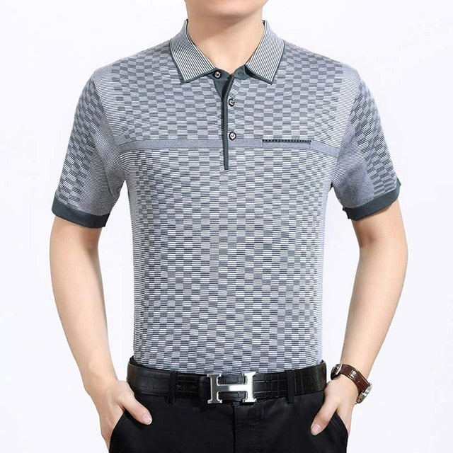 Plaid Pattern Decorated Solid Color Polo Shirt