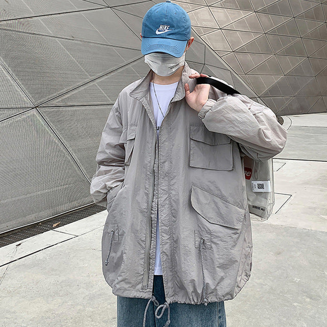 Cargo Pockets Men Thin Drawstring Bottom Jacket