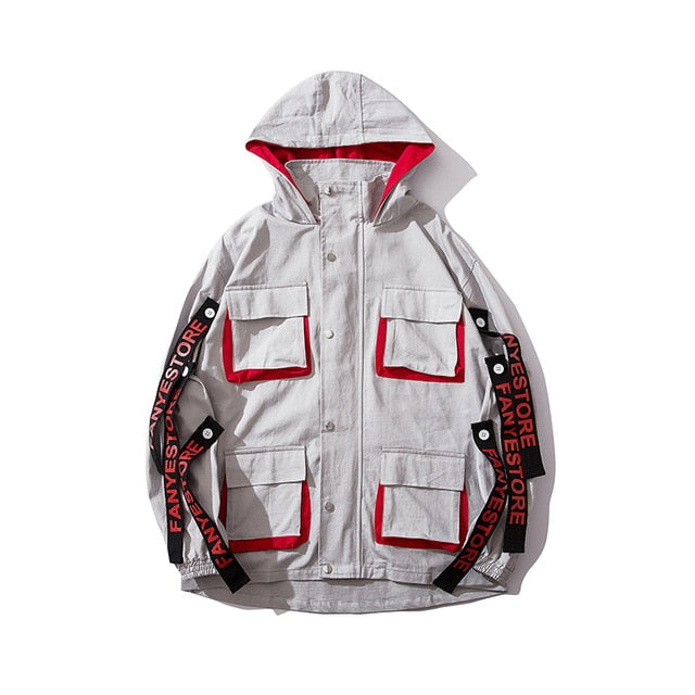 Multi Pockets with Ribbons Sleeves Detail Men Windbreaker Jacket