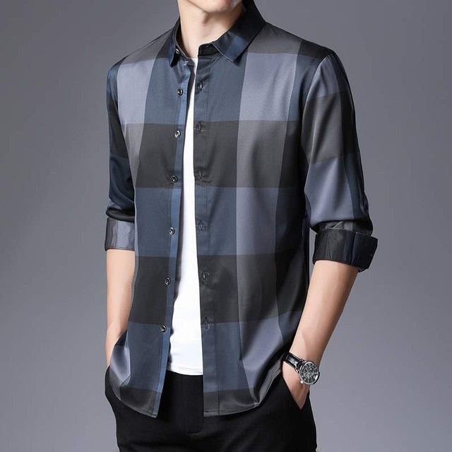 Square Plaid Color Combination Long Sleeve Men Shirt