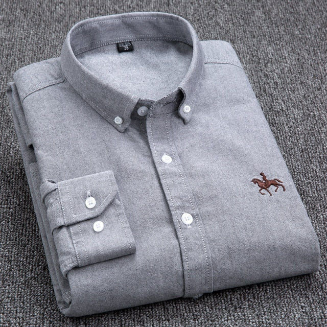 Embroidery Horse Pocket Solid Turn-Down Collar Shirt