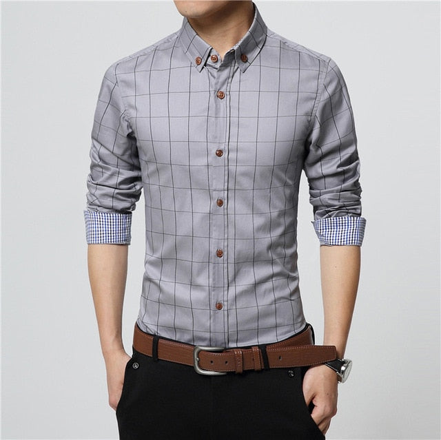 Solid Plaid Long-Sleeved Cotton Shirts