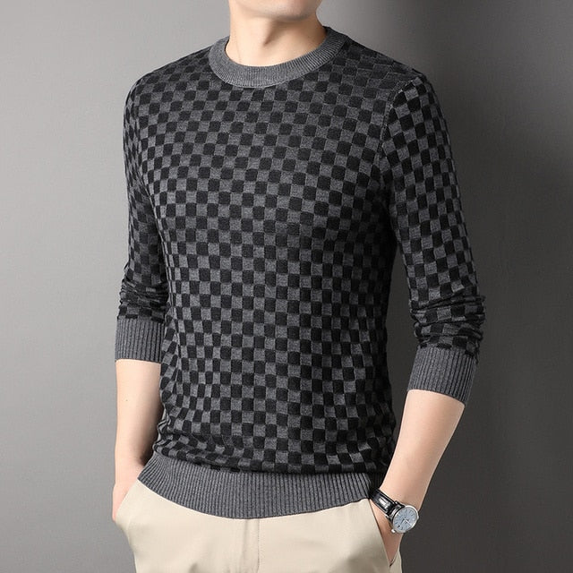 Checkered O-Neck Polyester Sweater