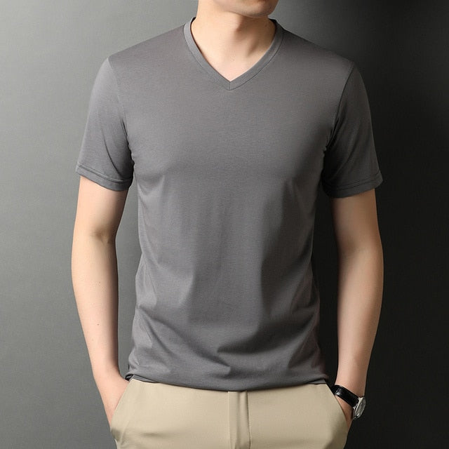 Solid V-Neck Smooth Cotton T-Shirt