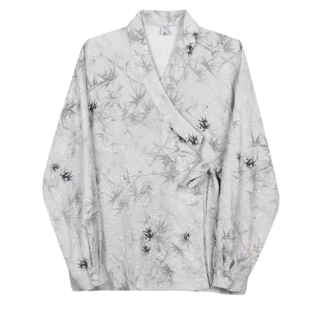 Vintage Solid Leaves Printed Lace-up Shirt