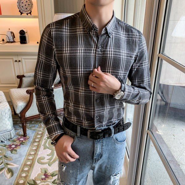 Blue Gray Plaid Business Slim Fit Casual Men Long Sleeves Shirt