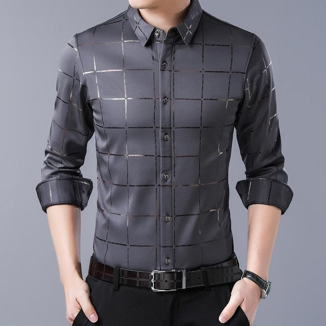 Casual Spring Luxury Plaid Long Sleeve Slim Fit Men Shirt