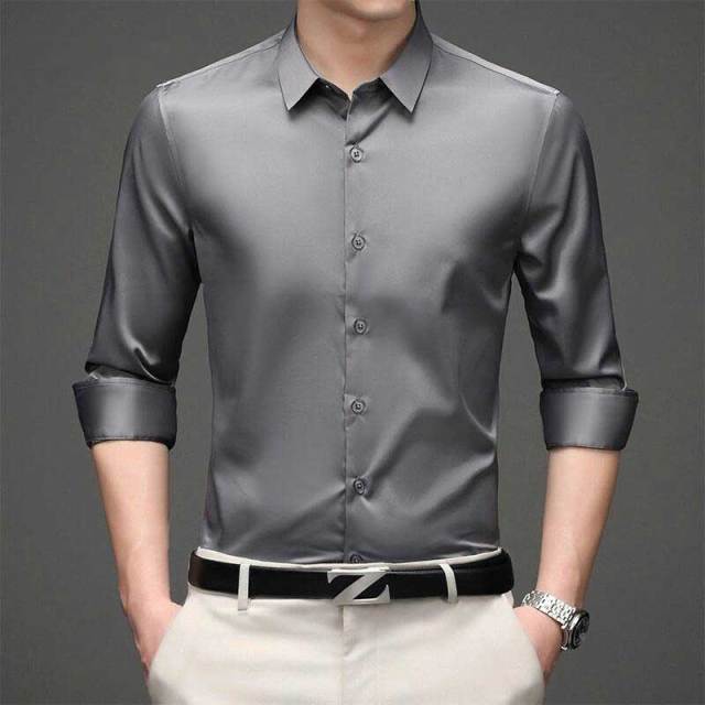 Solid Polyester Turn-Down Collar Men's Shirt