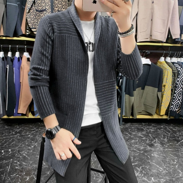 Stripes Knitting Decorated Long Windbreaker Cardigan