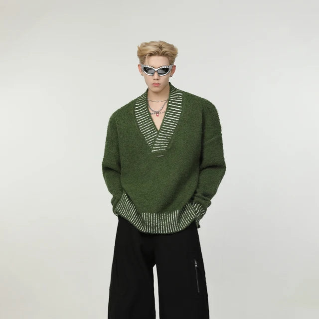 Solid Striped V-Neck Knitwear Sweater