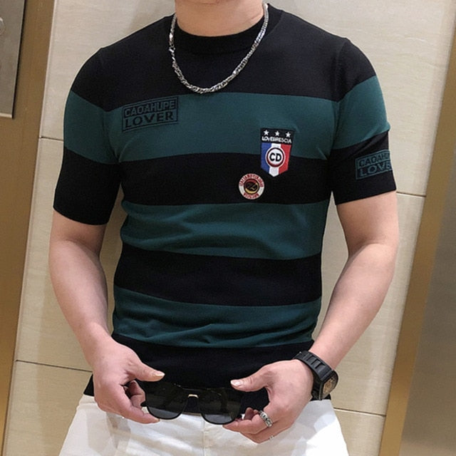 Stripe Embroidery Badge Polyester T-Shirt