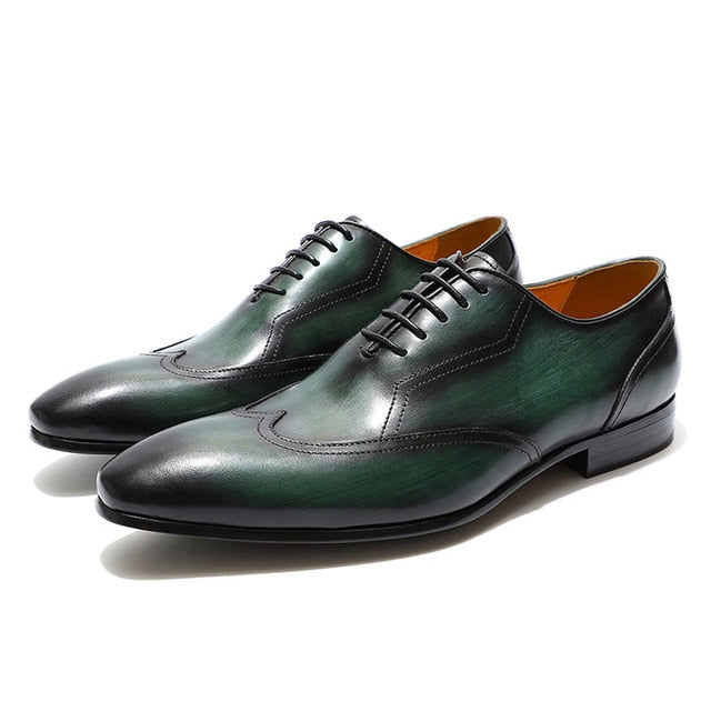 Excellent Black Green Hand Crafted Wingtip Men Oxfords Shoes