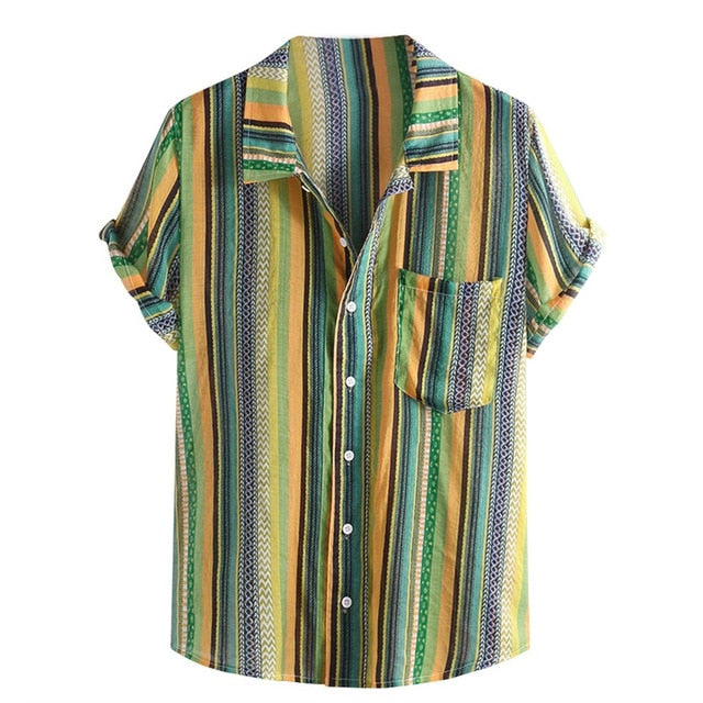 Colorful Stripe Stand Collar Short Sleeve Loose Style Men Shirt