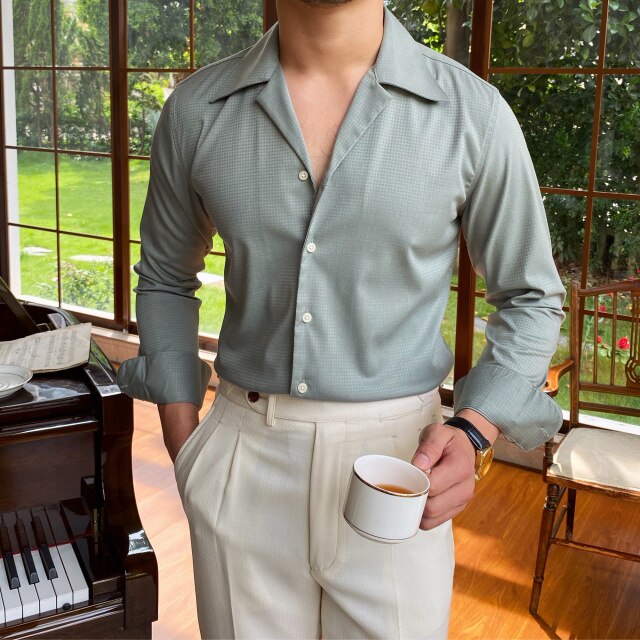 Cuban Collar Long Sleeve Sapphire Shirt